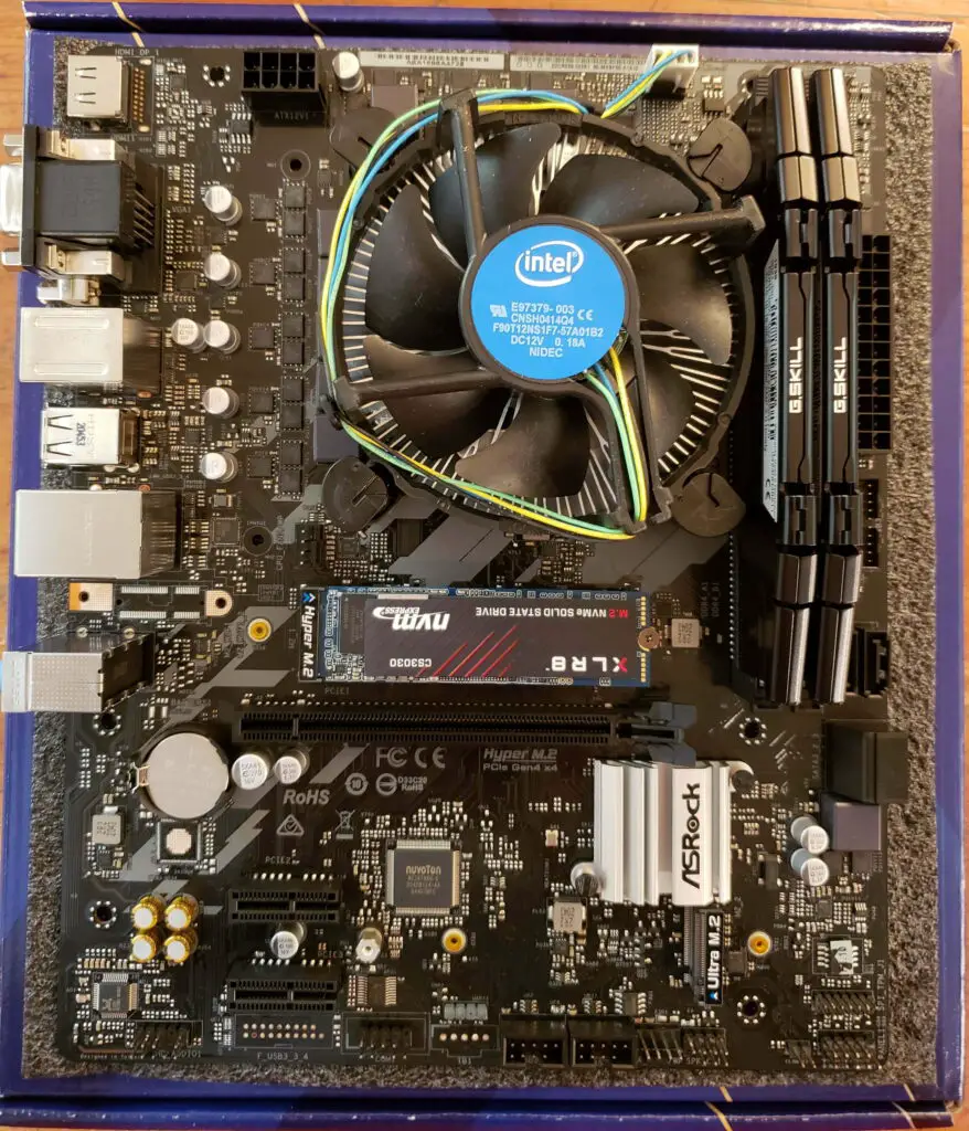 The motherboard with all of the main components installed