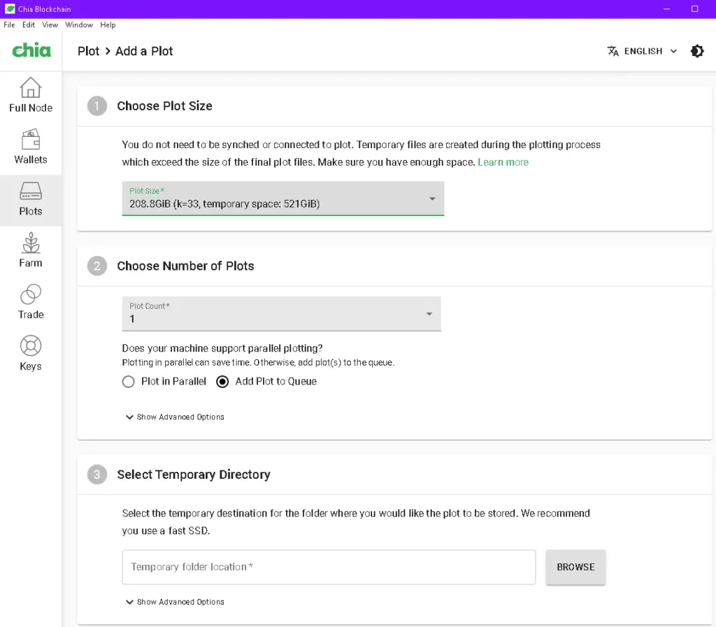 Chia Blockchain's Add a Plot interface