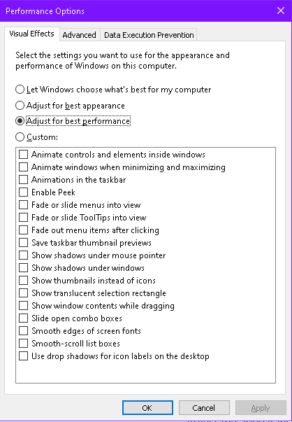 Windows performance options