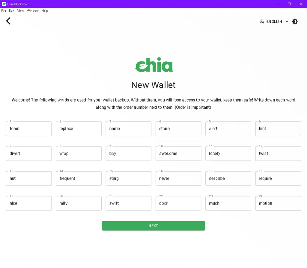 An example of a Chia word list