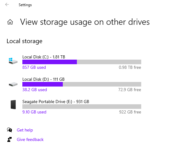 Windows 10 view storage usage on other drives