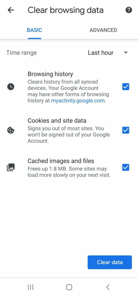 Clear Browsing Data Chrome Mobile