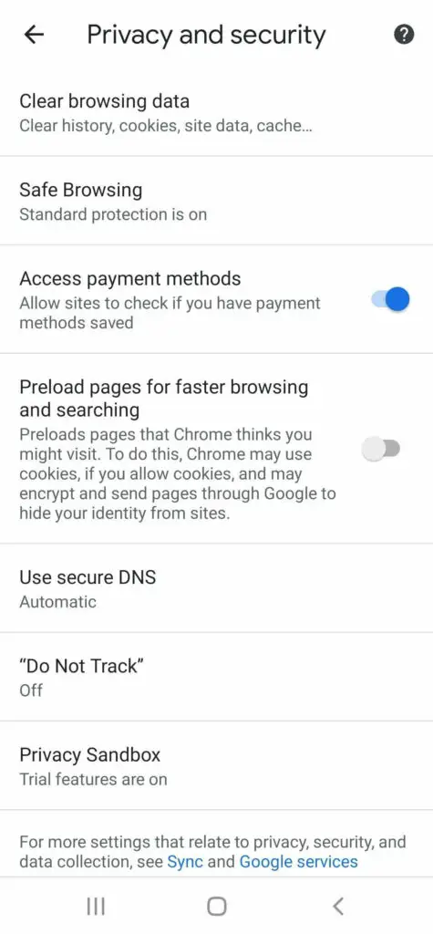 Privacy and Security Page Chrome Mobile