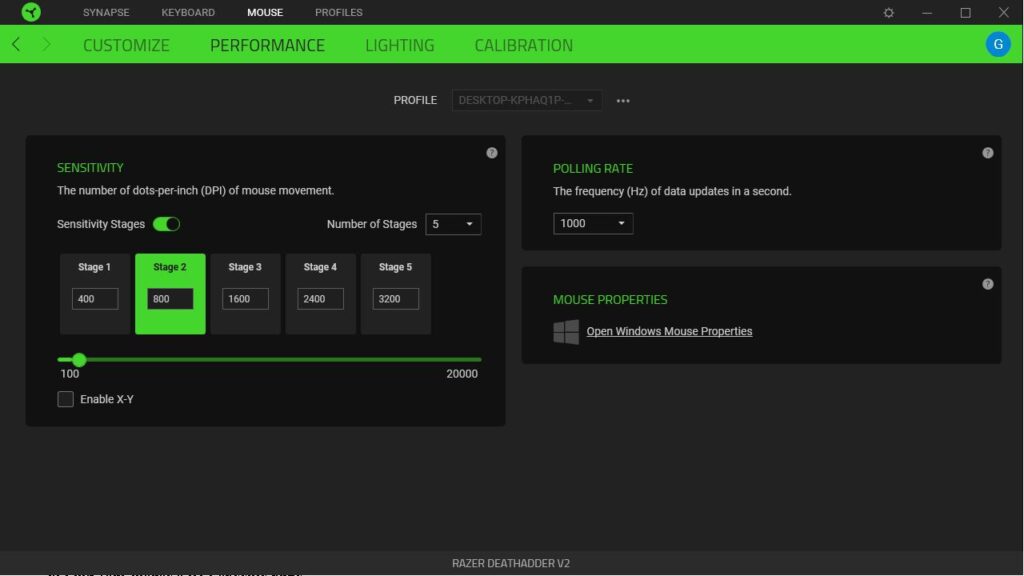 Razer Synapse V3 performance tab DPI adjustment