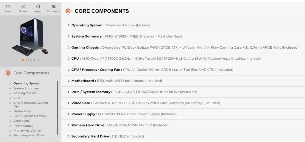 CyberPowerPC spec sheet