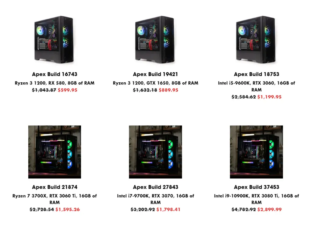 Apex Gaming PCs refurbished lineup 50% off