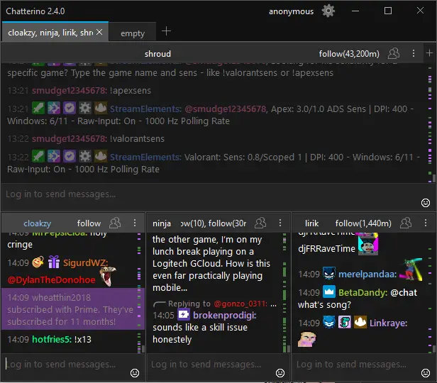 Chatterino multiple Twitch chats same tab